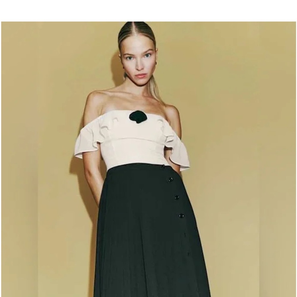 Reformation Pricilla Cream and Black Off-Shoulder Blouse
